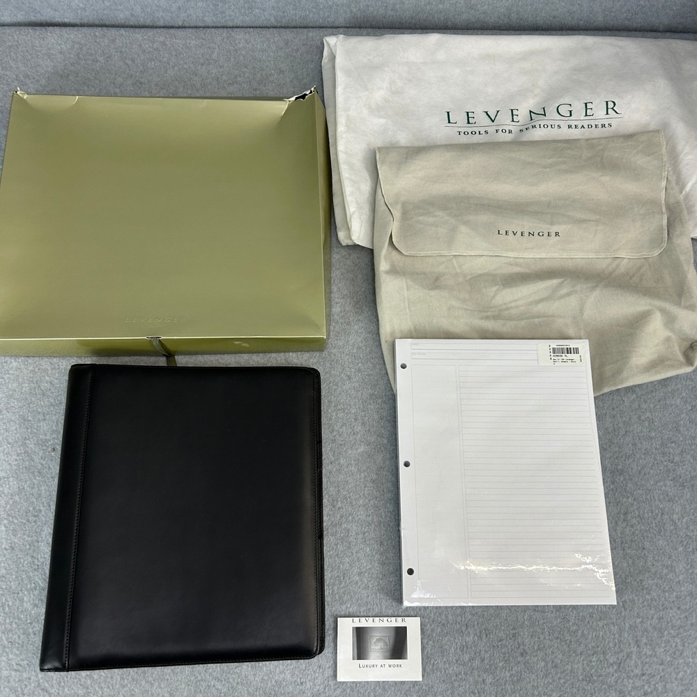 Levenger Leather 3-Ring Binder Organizer Black Refill Paper Box Dust Bag Large